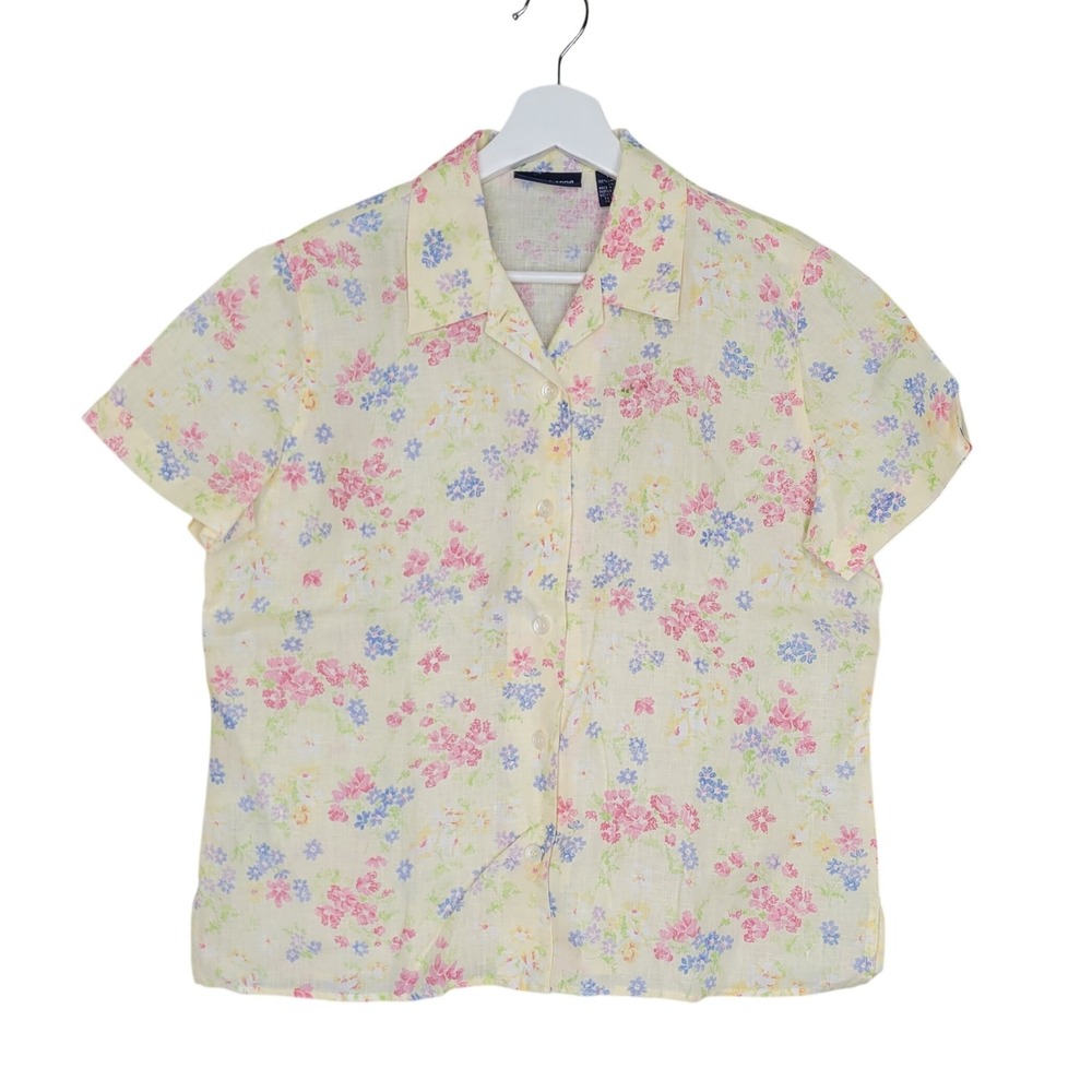 Liz‎ Claiborne Sport 100% Linen Floral Button Up Top Shirt Small Petite Cottage